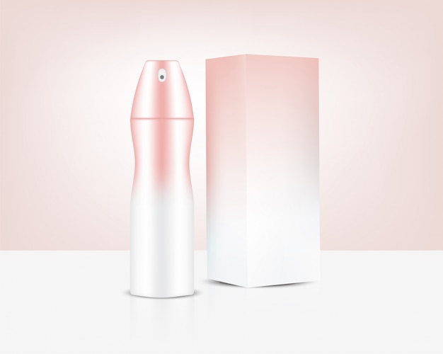 Vector botella de spray realista rose gold perfume cosmetic y caja para ilustración de fondo de producto de cuidado de la piel. atención médica y diseño de concepto médico.