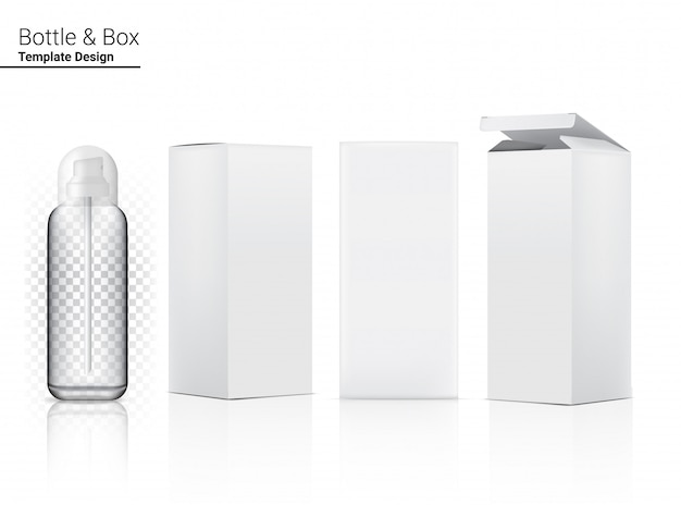 Botella de spray transparente brillante Cosmética realista en blanco y caja 3D para blanquear el cuidado de la piel y el envejecimiento antiarrugas.