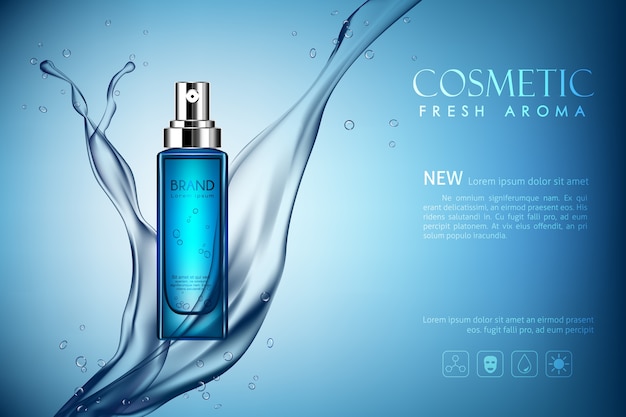 Botella de spray de vector maqueta cosmética de aroma fresco con salpicaduras de agua oscura