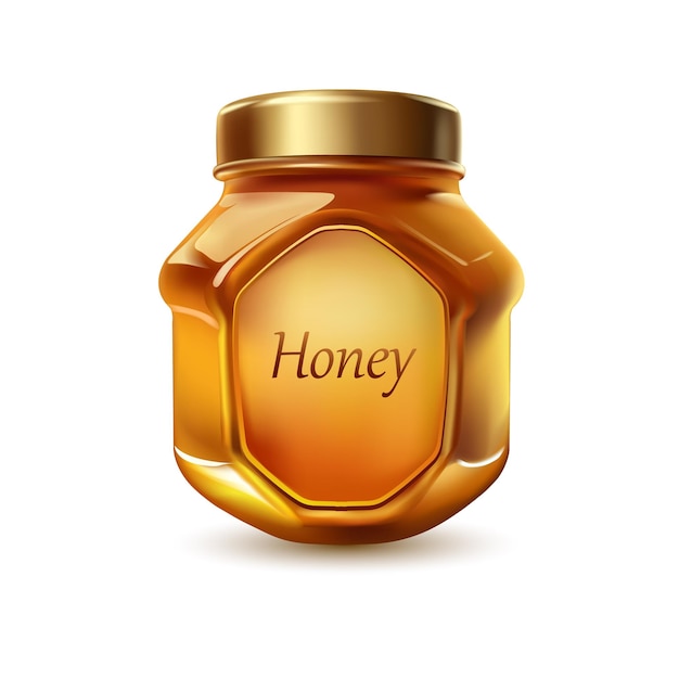 Botella de tarro de miel realista vector con pegatina d