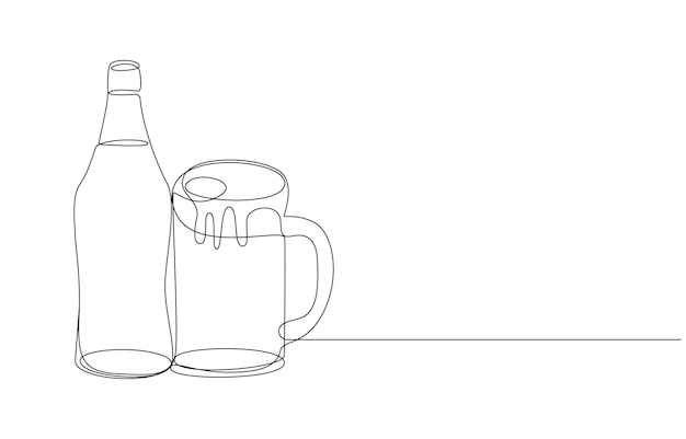 Botella y taza de cerveza - Arte de la línea