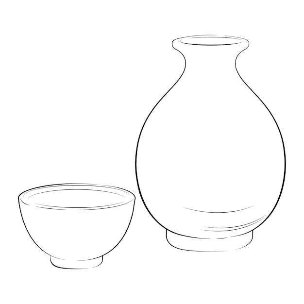 Botella y taza de sake japonés estilo boceto dibujado a mano
