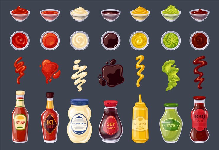 Vector botella y tazones de salsas, ají picante, mostaza, barbacoa, tiras de chorrito, salsa de soja, ketchup, mayonesa, wasabi, gotas y manchas. ilustración vectorial.