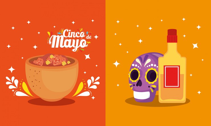 Vector botella de tequila calavera mexicana y tazón de cinco de mayo