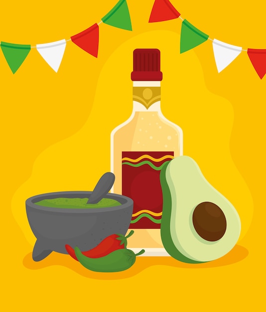 Botella de tequila, con guacamole, aguacate, ají y guirnaldas colgando