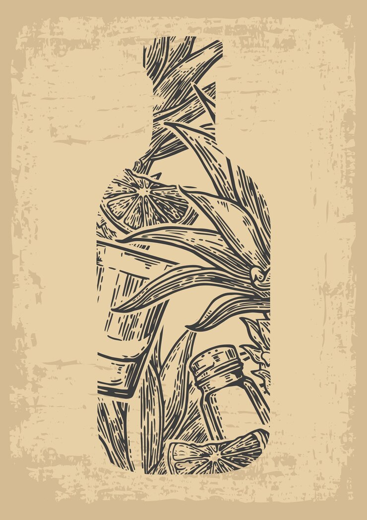 Vector botella de tequila con sal de cactus de vidrio y lima color boceto dibujado a mano sobre fondo beige vintage vector ilustración grabada