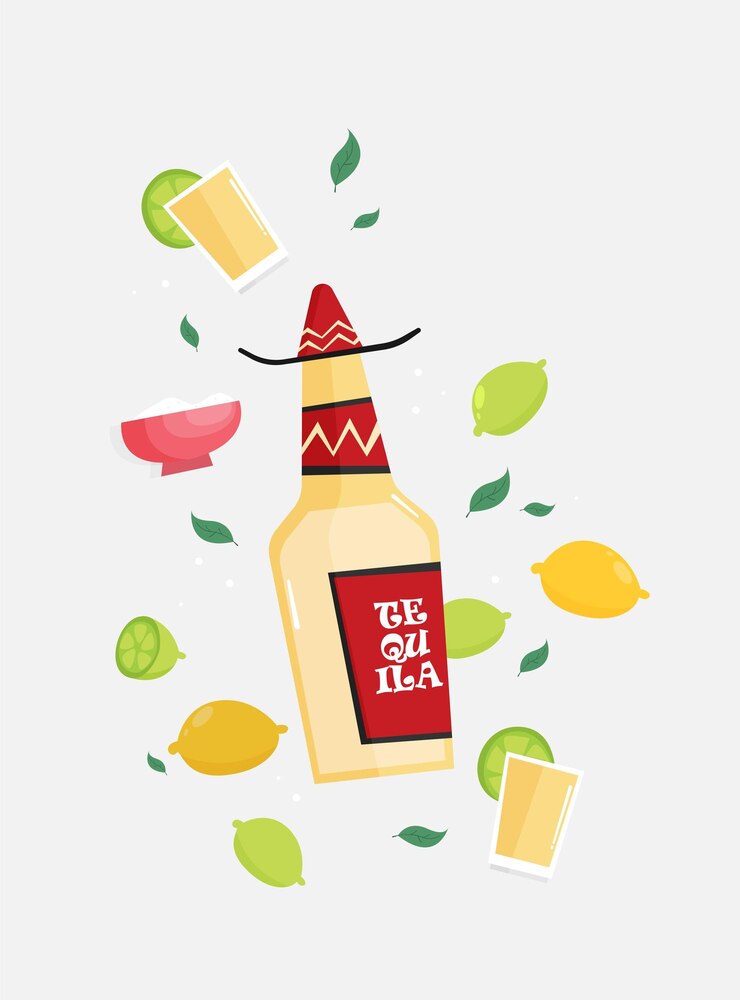 Vector botella de tequila sal limón vector plano