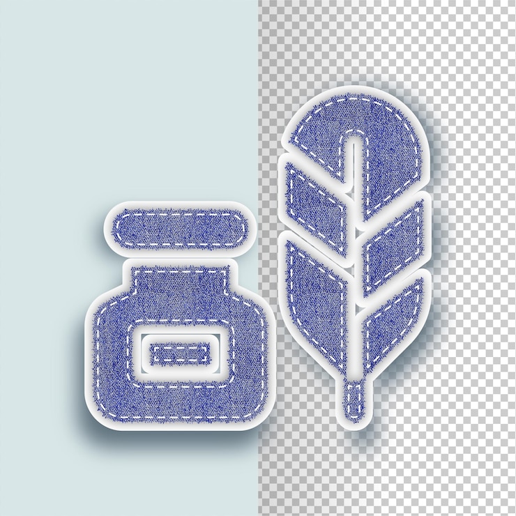 Vector botella de tinta de textura de denim y icono de pluma con fondo editable