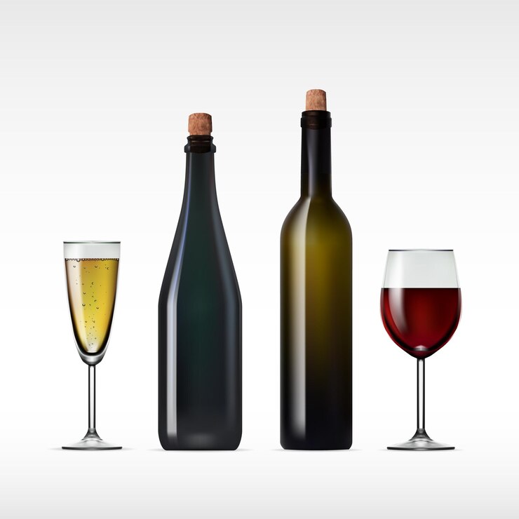 Vector botella transparente con vino tinto y champán.