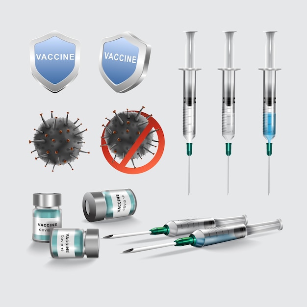 Botella de vacuna de coronavirus o covid-19 e inyección de jeringa. cuidado de la salud y medicina. ilustración vectorial
