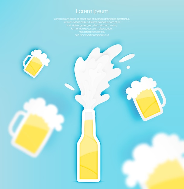 Botella y vaso de cerveza con burbuja en la ilustración de vector de estilo de corte de papel