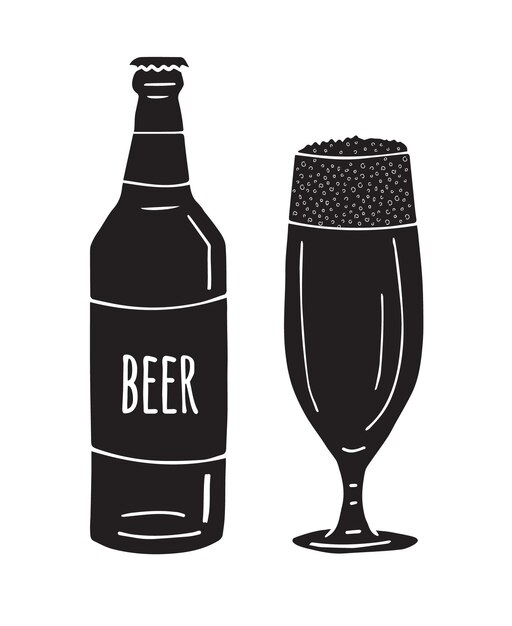 Botella y vaso de cerveza dibujado a mano