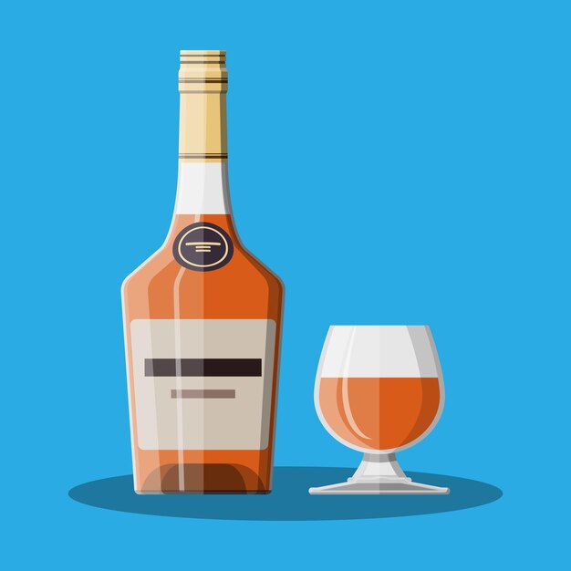 Botella y vaso de coñac bebida alcohólica de coñac ilustración vectorial en estilo plano