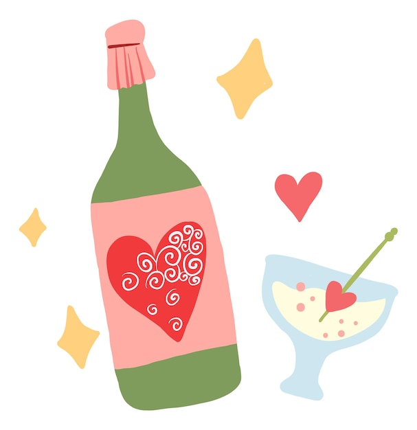 Botella y vaso con símbolos de corazón celebración de amor