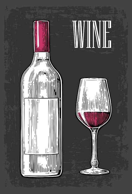 Botella y vaso con vino Vector grabado vintage negro aislado en la oscuridad