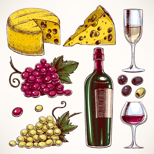 con una botella y vasos de vino, racimo de uvas y queso