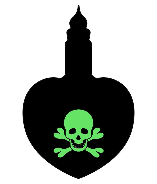 Botella de veneno. Silueta. Vasija en forma de corazón. Emblema verde en una botella de cráneo y huesos.
