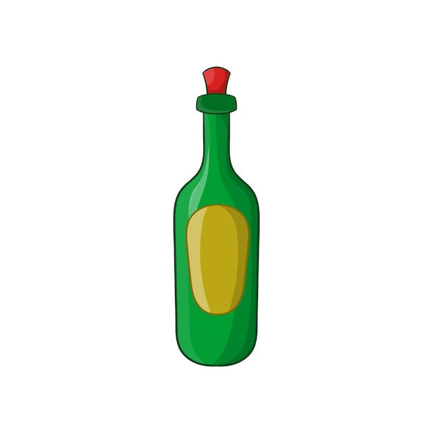 Botella verde de icono de vino en estilo de dibujos animados sobre un fondo blanco.