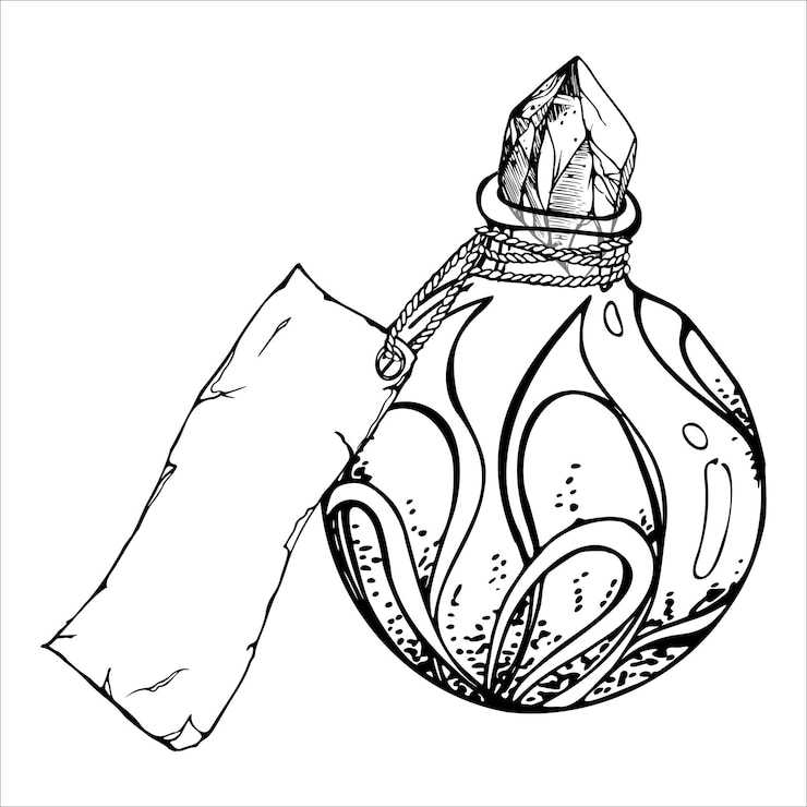Vector botella de vial de vector de tinta dibujada a mano para etiqueta de papel de poción boceto ilustración arte brujería medicina química alquimia contorno de objeto aislado diseño tiendas logotipo imprimir folleto de tarjeta de sitio web
