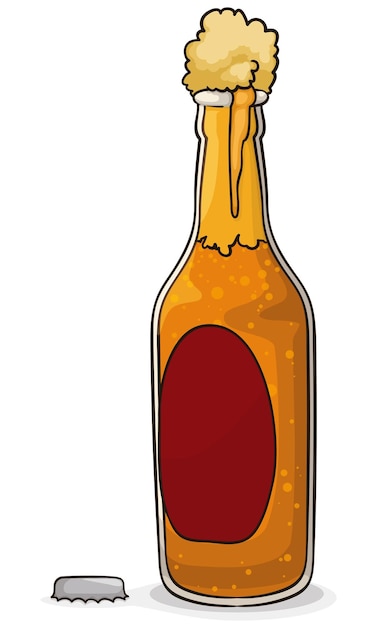 Vector botella de vidrio abierta con cerveza ligera con burbujas y abundante espuma al estilo de las caricaturas