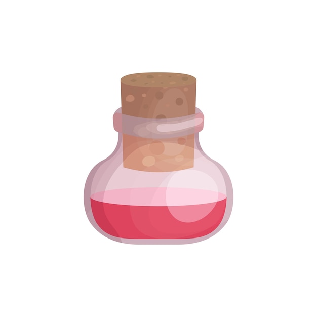 Botella de vidrio de aceite esencial rosa con un corcho de madera o aceite base en estilo de dibujos animados Aceite de aromaterapia para tratamientos de spa, cocina y perfumes Icono para diseño de sitio web