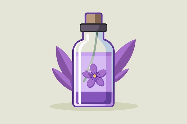 Vector botella de vidrio de aceite de lavanda con hojas sobre un fondo púrpura