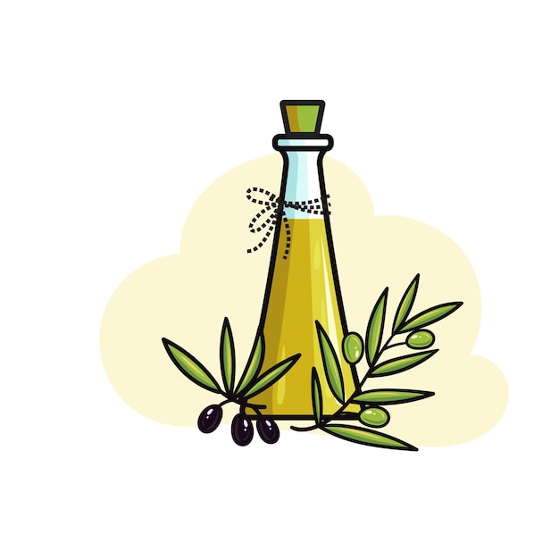 botella de vidrio de aceite de oliva y aceitunas con hojas