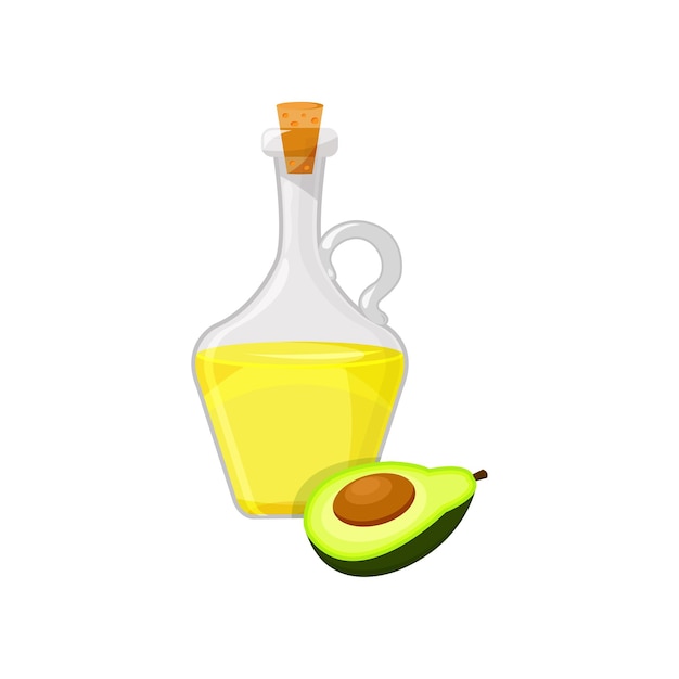 Botella de vidrio de aceite vegetal de aguacate producto de aceite saludable orgánico vector de dibujos animados ilustración sobre un fondo blanco