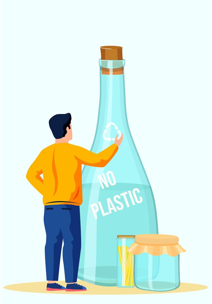 Vector botella de vidrio para agua con la inscripción cerrada con corcho de madera