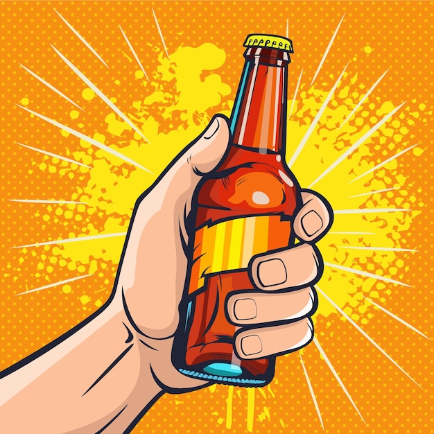 Botella de vidrio con bebida en la mano ilustración vectorial de comida rápida en estilo cómic retro pop art