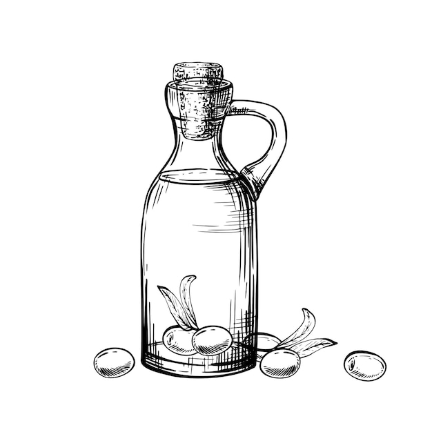 Botella de vidrio con carafe de aceite de oliva con una salsa de alimentos grasos y bayas de frutas de olivo con hojas