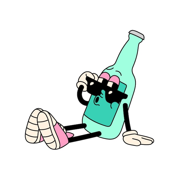Botella de vidrio de dibujos animados se sienta relaja personaje gracioso silbando melodía mira por encima de las gafas de sol mascota groovy de la cerveza en estilo retro de los años 70 ilustración vectorial aislada plana sobre fondo blanco