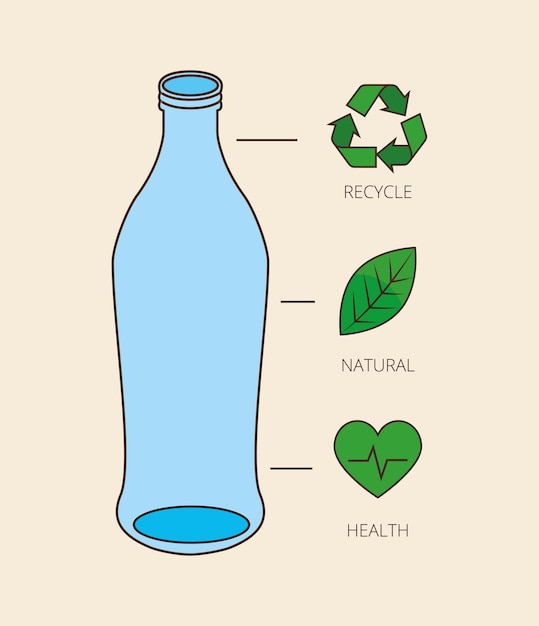 Botella de vidrio con iconos de reciclaje. ilustración vectorial