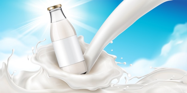 Vector botella de vidrio de leche en crema splash o recipiente