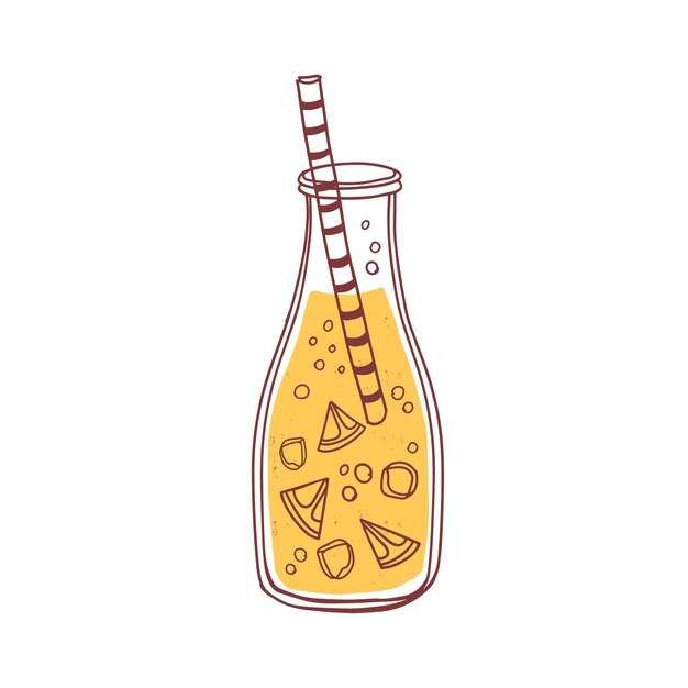 Botella de vidrio de limonada cítrica de verano con paja. Refrescante bebida detox fría con hielo y trocitos de limón. Ilustración de vector plano coloreado de bebida tropical refrescante aislada sobre fondo blanco.