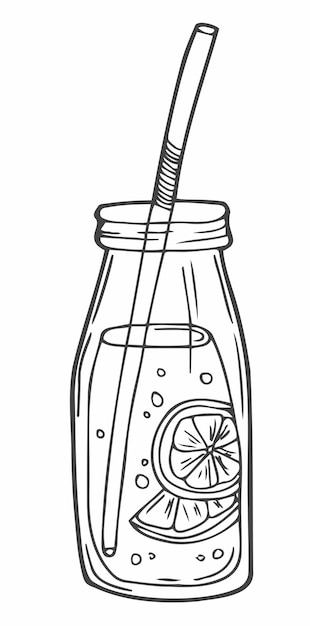 Botella de vidrio de limonada con icono de garabato de contorno dibujado a mano de paja Quitar jugo vector ilustración de dibujo para imprimir web móvil e infografía aislado sobre fondo blanco