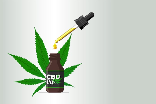 Botella de vidrio marrón de banner de aceite de cbd con hoja de cáñamo y gota líquida de extracto de cannabis de maqueta de pipeta