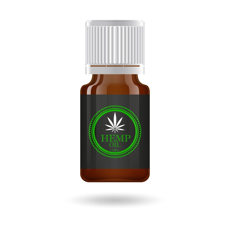 Vector botella de vidrio marrón realista con aceite de cáñamo, extractos de aceite de cannabis en frascos. logotipo de marihuana medicinal en la etiqueta. ilustración.