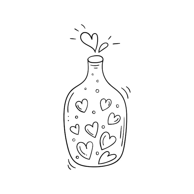 Botella de vidrio negra y blanca con corazones en estilo doodle