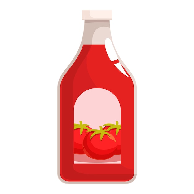 Botella de vidrio que contiene ketchup con ilustración de tomates