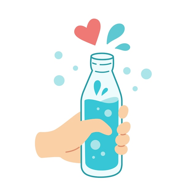 Botella de vidrio reutilizable con gotas Botella de mano Estilo de vida sostenible concepto ecológico de cero residuos Ilustración vectorial al estilo de dibujos animados Reciclaje gestión de residuos ecología sostenibilidad