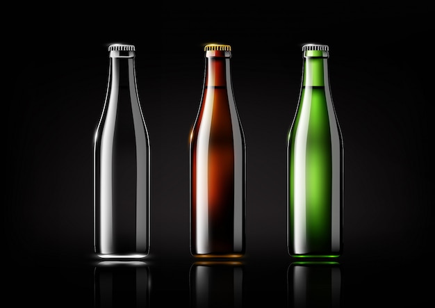 Vector botella de vidrio transparente, botella marrón y botella verde para paquete de diseño y publicidad, cerveza y bebidas, ilustración