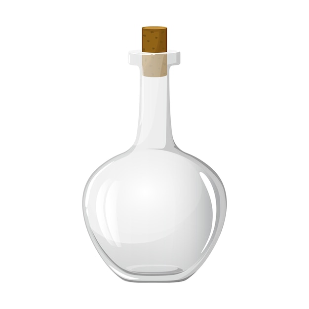 Botella de vidrio vacía con tapón de corcho para agua, vino o aceite recipiente mágico en blanco para pociones frasco vacío para vinagre de leche o jugo ilustración de vector de diseño plano aislado sobre fondo blanco