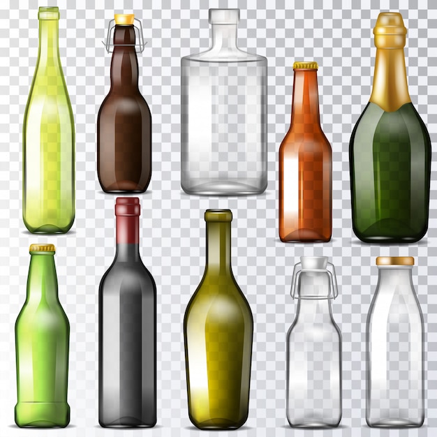 Vector botella de vidrio vector de cristalería de botella de agua y ventosas o frasco de vidrio para bebidas