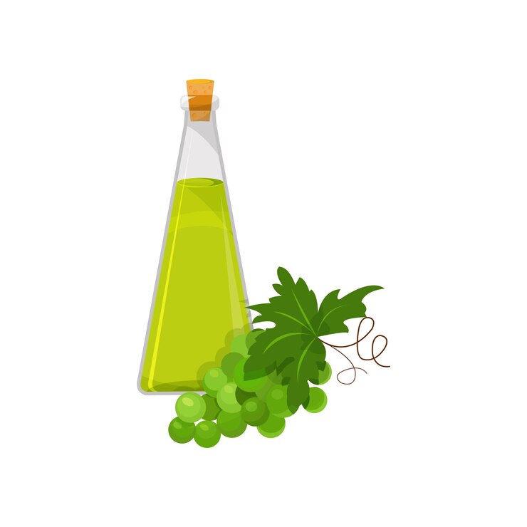 Vector botella de vidrio de vector de dibujos animados de producto de aceite saludable orgánico de aceite de semilla de uva ilustración sobre un fondo blanco
