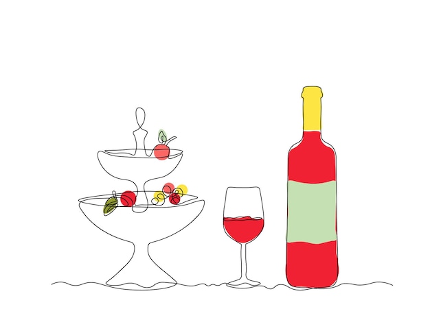 Botella de vidrio con vino de alcohol de vino de vidrio tazón de frutas continuo de una sola línea dibujo artístico boceto logotipo