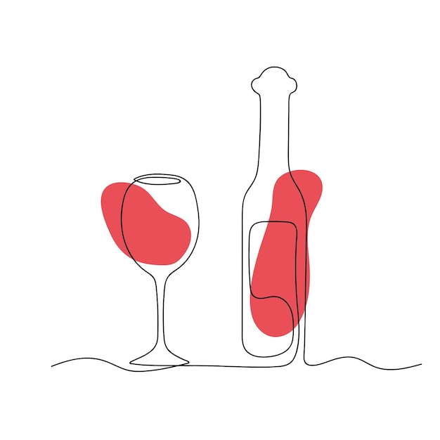 Botella de vino de arte de línea continua y copa de vino tinto Ilustración vectorial en un estilo de línea