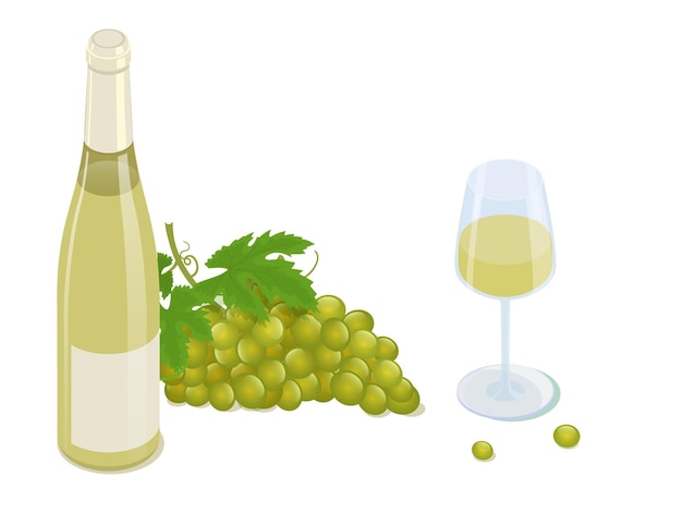 Botella de vino blanco racimo de uvas blancas y copa de vino vector icono aislado en blanco