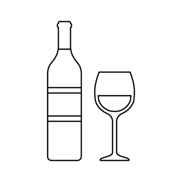 Botella de vino blanco y vidrio iconos de contorno de bebidas alcohólicas ilustración vectorial