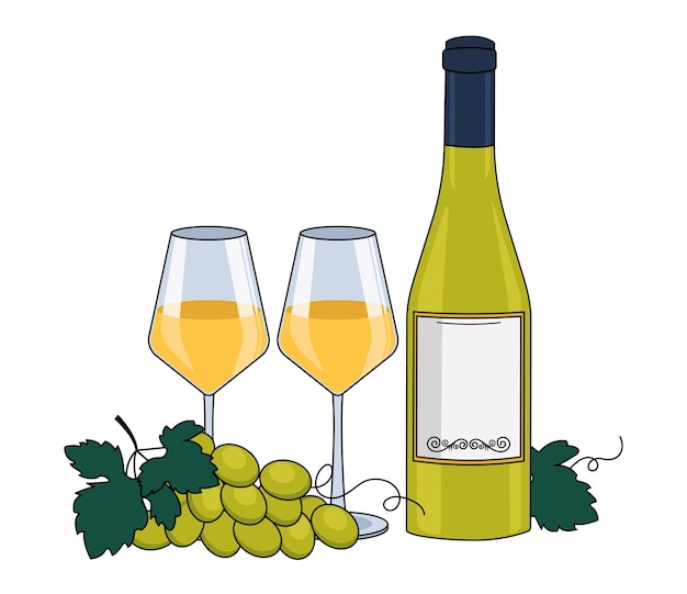 Vector botella de vino blanco vino en vasos y una uva con un contorno gráfico vectorial